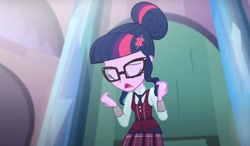 Size: 2075x1210 | Tagged: safe, derpibooru import, screencap, sci-twi, twilight sparkle, human, equestria girls, friendship games, g4, clothes, crystal prep academy, crystal prep academy uniform, eyes closed, indoors, necktie, pillar, sad, school tie, school uniform, singing, solo, uniform, what more is out there