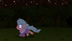 Size: 2035x1145 | Tagged: safe, artist:jen-neigh, artist:mlpadventures2020, derpibooru import, cozy glow, g4, base used, clothes, forest, hooves, missing wing, nature, night, outdoors, running, running away, scared, tree, wingless, winter outfit