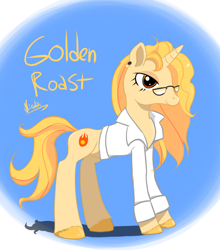 Size: 1619x1836 | Tagged: safe, artist:nicolai, derpibooru import, oc, oc only, oc:golden roast, pony, unicorn, character name, clothes, coat, doctor, eyelashes, female, glasses, horn, mare, slender, solo, thin, unshorn fetlocks