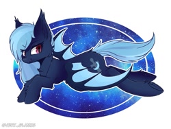 Size: 1000x750 | Tagged: safe, artist:vert_glamis, derpibooru import, oc, oc only, oc:midnight harmony, bat pony, pony, blue mane, cute, female, looking at you, mare, simple background, smiling, solo, white background