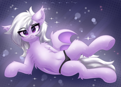 Size: 3400x2450 | Tagged: safe, artist:gaffy, derpibooru import, oc, oc:willow aurora, bat pony, pony, abstract background, art trade, bat pony oc, bat wings, belly, belly button, black panties, black underwear, chest fluff, clothes, ear fluff, ears, female, lying, lying down, mare, on side, panties, solo, underwear, wings