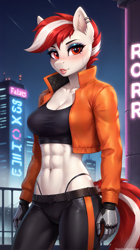 Size: 1536x2736 | Tagged: safe, ai content, derpibooru import, generator:pony diffusion v6 xl, generator:stable diffusion, machine learning generated, oc, oc only, oc:laima, anthro, city, cityscape, clothes, ear piercing, earring, jacket, jewelry, latvia, makeup, neon, neon sign, outdoors, piercing, prompter:oranzinispegasiukas, red eyes, robotic arm