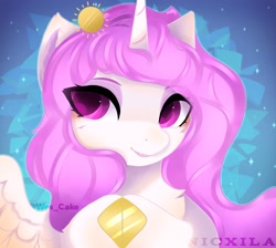 Size: 2048x1836 | Tagged: safe, artist:nicxila, derpibooru import, princess celestia, alicorn, pony, abstract background, female, gradient background, looking at you, mare, pink-mane celestia, solo, young celestia