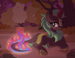 Size: 2319x1779 | Tagged: safe, artist:emberslament, derpibooru exclusive, derpibooru import, cinder glow, summer flare, kirin, g4, autumn, cinderbetes, commission, cozy, cute, female, heart, heart eyes, lying down, nirik fire, outdoors, prone, solo, tail, tail on fire, underhoof, wingding eyes