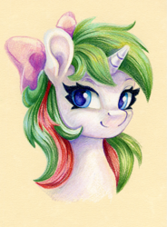 Size: 955x1300 | Tagged: safe, artist:maytee, derpibooru import, gusty, pony, unicorn, g1, bust, colored pencil drawing, horn, portrait, smiling, solo, toned paper, traditional art