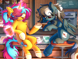 Size: 3308x2500 | Tagged: safe, artist:yuris, derpibooru import, oc, oc only, pegasus, pony, unicorn, art trade, bar counter, barstool, cafe, cake, chair, coffee, coffee machine, door, ears up, food, frog (hoof), horn, indoors, magic, open mouth, room, sitting, smiling, telekinesis, trade, underhoof