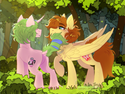 Size: 2555x1916 | Tagged: safe, derpibooru import, oc, oc only, oc:carry calamity, oc:yuris, pegasus, pony, unicorn, art trade, butt, crepuscular rays, duo, ears up, forest, horn, leaves, nature, outdoors, plot, shipping, smiling, trade, tree