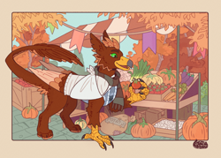 Size: 1394x1000 | Tagged: safe, artist:tokori, derpibooru import, oc, oc only, oc:pavlos, griffon, autumn, bandage, beak, broken bone, broken wing, carrot, cast, cheek fluff, claws, clothes, colored wings, commission, eared griffon, eggplant, food, fruit, griffon oc, injured, leek, market, non-pony oc, nonbinary, onion, outdoors, passepartout, pumpkin, scarf, sling, solo, sweater, tail, tomato, tree, vegetables, wings