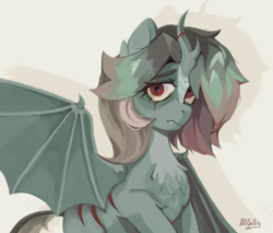 Size: 1500x1280 | Tagged: safe, artist:allcello, derpibooru import, oc, oc only, oc:sarias, hybrid, kirin, pony, undead, zombie, fallout equestria, bat pony hybrid, digital art, hybrid oc, kirin hybrid, kirin oc, red eyes, solo, winged kirin