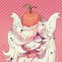 Size: 3343x3326 | Tagged: safe, derpibooru import, pony, black, bust, candy, collar, commission, ear fluff, ears, ethereal mane, eye clipping through hair, eyebrows, eyebrows visible through hair, food, gradient background, halloween, holiday, icon, polka dot background, portrait, pumpkin, smiling, spooky, starry mane, stars