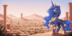 Size: 2400x1200 | Tagged: safe, ai content, derpibooru import, machine learning generated, princess luna, alicorn, pony, g4, egyptian, female, horn, looking at you, looking sideways, mare, outdoors, peytral, prompter:greesys, solo, three quarter view, wings