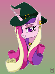 Size: 2666x3555 | Tagged: safe, artist:naen, derpibooru import, princess cadance, alicorn, g4, clothes, costume, ear piercing, earring, female, gameloft, gameloft interpretation, gradient background, hat, horn, jewelry, looking at you, mare, mlp fim's fourteenth anniversary, nightmare night, nightmare night costume, piercing, solo, witch hat