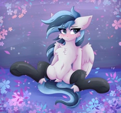 Size: 2048x1920 | Tagged: safe, artist:gaffy, derpibooru import, oc, oc only, oc:haze northfleet, pegasus, pony, beautiful, belly, belly button, blushing, chest fluff, clothes, cute, dock, female, flower, hock fluff, hockless socks, looking at you, mare, multicolored hair, partially open wings, socks, solo, tail, thigh highs, wings