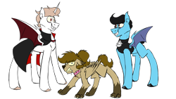 Size: 2300x1300 | Tagged: safe, artist:fuckomcfuck, derpibooru import, oc, oc only, oc:doodles, oc:joystick, oc:rat, alicorn, earth pony, pegasus, pony, undead, vampire, vampony, werewolf, collar, drool, fangs, halloween, holiday, mlp fim's fourteenth anniversary, nightmare night, simple background, transparent background