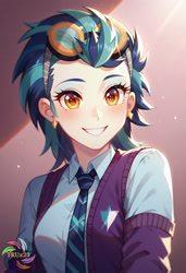 Size: 2496x3648 | Tagged: safe, ai content, derpibooru import, machine learning generated, indigo zap, human, equestria girls, g4, clothes, cute, female, generator:civitai, looking at you, necktie, prompter:trux23, school uniform, smiling, smiling at you, solo