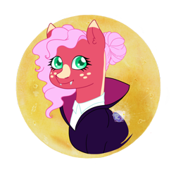 Size: 1250x1221 | Tagged: safe, artist:ponyrasmeii, derpibooru import, edit, oc, oc only, oc:apple tart (rasmeiiverse), earth pony, pony, bust, fangs, hair bun, mlp fim's fourteenth anniversary, moon, next gen:rasmeiiverse, nightmare night, offspring, parent:big macintosh, parent:fluttershy, parents:fluttermac, solo, vampire costume, watermark