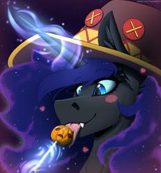 Size: 2800x3000 | Tagged: safe, artist:twotail813, derpibooru import, nightmare moon, alicorn, pony, blue eyes, blushing, bust, candy, cute, fangs, female, food, glowing, hat, horn, konosuba, magic, mare, megumin, mlp fim's fourteenth anniversary, nightmare night, portrait, pumpkin, solo, telekinesis, tongue, tongue out, witch hat