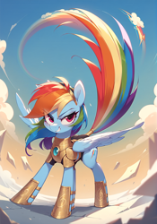 Size: 1832x2616 | Tagged: safe, ai content, derpibooru import, machine learning generated, rainbow dash, pegasus, pony, armor, dust cloud, female, golden armor, grin, looking back, mare, outdoors, prompter:kuporosso, raised tail, smiling, solo, spread wings, tail, tail swish, wings