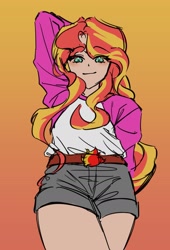 Size: 1500x2200 | Tagged: safe, artist:tjstptaks, derpibooru import, sunset shimmer, human, equestria girls, g4, belt, blushing, clothes, eyebrows, eyebrows visible through hair, female, from below, gradient background, long sleeved shirt, long sleeves, looking at you, shirt, shorts, smiling, smiling at you, solo