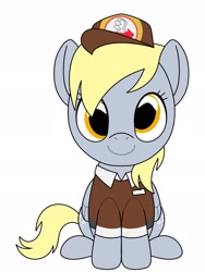 Size: 1536x2048 | Tagged: safe, alternate version, artist:_jm0o, derpibooru import, derpy hooves, pegasus, pony, g4, cute, derpabetes, female, folded wings, hat, looking at you, mailmare, mailmare hat, mailmare uniform, mare, simple background, sitting, smiling, solo, tail, white background, wings, youtooz, youtooz mlp design competition