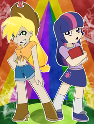 Size: 1295x1700 | Tagged: safe, artist:xxhidden-soulxx, derpibooru import, applejack, twilight sparkle, human, clothes, cowboy hat, crossover, duo, hat, humanized, panty and stocking with garterbelt, shoes