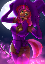 Size: 2480x3508 | Tagged: safe, alternate version, artist:ririchia, derpibooru import, oc, oc:strawberry filling, anthro, bat pony, hybrid, unicorn, bat pony hybrid, bat pony unicorn, belt, belt buckle, boob window, boots, breasts, cleavage, cleavage fluff, clothes, commission, female, fishnet clothing, fishnet stockings, gloves, happy, hat, horn, leotard, magic, magic glow, mischievous grin, moon, night, outdoors, pouch, shoes, socks, solo, stockings, test tube, thigh highs, witch costume, witch hat, ych result