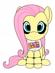 Size: 1536x2048 | Tagged: safe, artist:_jm0o, derpibooru import, fluttershy, pegasus, pony, g4, animatronic, bib, bowtie, crossover, female, five nights at freddy's, folded wings, looking at you, mare, simple background, sitting, smiling, smiling at you, solo, tail, white background, wings, youtooz, youtooz mlp design competition