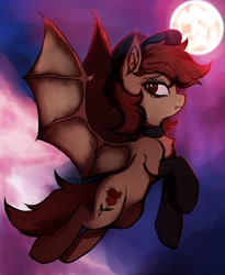 Size: 2300x2800 | Tagged: safe, artist:tatykin, derpibooru import, oc, oc only, oc:carnelia rose, bat pony, bat pony oc, choker, clothes, fangs, flying, hat, moon, night, outdoors, socks, solo