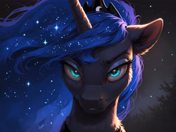 Size: 8192x6144 | Tagged: safe, ai content, derpibooru import, machine learning generated, princess luna, alicorn, pony, g4, 4k, ears back, ethereal mane, eyelashes, female, frown, glowing, glowing eyes, high res, horn, looking at you, mare, night, outdoors, prompter:molagbal, smiling, smiling at you, smirk, smug, starry mane, starry night