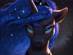 Size: 8192x6144 | Tagged: safe, ai content, derpibooru import, machine learning generated, princess luna, alicorn, pony, g4, 4k, ears back, ethereal mane, eyelashes, female, frown, glowing, glowing eyes, high res, horn, looking at you, mare, night, outdoors, prompter:molagbal, smiling, smiling at you, smirk, smug, starry mane, starry night