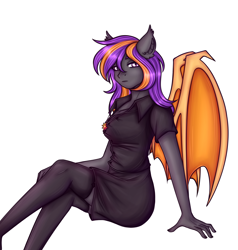 Size: 1726x1814 | Tagged: safe, alternate version, artist:rena, derpibooru import, oc, oc:bright wings, anthro, bat pony, clothes, female, leggings, looking at you, relaxed, shirt, simple background, sitting, skirt, solo, white background