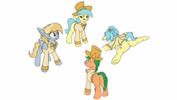 Size: 3840x2160 | Tagged: safe, artist:rocket-lawnchair, derpibooru import, oc, oc only, oc:fair flyer, oc:matinee, oc:morning mimosa, oc:soiree, earth pony, pegasus, pony, bowtie, butt, clothes, eyebrows, eyebrows visible through hair, faceplant, female, glasses, hat, mare, mare fair, narrowed eyes, plot, simple background, smiling, spread eagle, top hat, tuxedo, white background