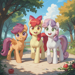 Size: 1024x1024 | Tagged: safe, ai content, derpibooru import, machine learning generated, apple bloom, scootaloo, sweetie belle, earth pony, pegasus, pony, unicorn, g4, apple, cutie mark crusaders, female, filly, foal, food, fruit, generator:perfect pony xl, grin, horn, inaccurate cutie mark, looking at you, open mouth, open smile, outdoors, prompter:pawels, scenery, smiling, smiling at you, tree, trio, trio female