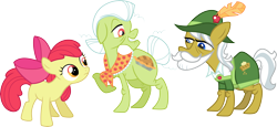 Size: 6526x3000 | Tagged: safe, artist:cloudy glow, derpibooru import, apple bloom, apple strudel, granny smith, earth pony, pony, g4, apple family member, female, filly, foal, male, mare, simple background, stallion, transparent background, trio, vector