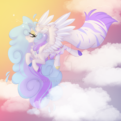 Size: 1280x1280 | Tagged: safe, artist:furtoodie, derpibooru import, oc, oc:satin clouds, pegasus, cloud, deviantart watermark, female, flying, mare, obtrusive watermark, outdoors, solo, watermark