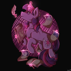 Size: 1000x1000 | Tagged: safe, artist:binibean, derpibooru import, star swirl the bearded, twilight sparkle, unicorn twilight, alicorn, unicorn, g4, book, glowing, glowing horn, horn, magic, mare in the moon, moon, quill, signature, smiling, solo, telekinesis