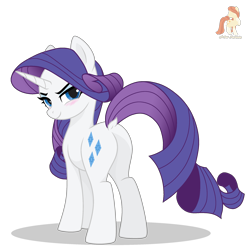 Size: 2278x2278 | Tagged: safe, artist:r4hucksake, derpibooru import, rarity, pony, unicorn, g4, blushing, butt, dock, eyeshadow, horn, looking at you, makeup, plot, simple background, smiling, smiling at you, solo, tail, transparent background