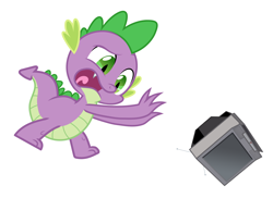 Size: 2962x2155 | Tagged: safe, anonymous artist, derpibooru import, spike, dragon, g4, anonymous editor, crazy gideon, male, open mouth, simple background, solo, television, throwing, white background