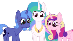 Size: 3285x1834 | Tagged: safe, artist:anonymous, derpibooru import, princess cadance, princess celestia, princess luna, alicorn, pony, g4, colored, curious, drawthread, eyebrows, eyebrows visible through hair, female, flat colors, looking at you, mare, requested art, s1 luna, simple background, sniffing, transparent background, trio, trio female, wingless