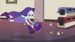 Size: 1280x720 | Tagged: safe, derpibooru import, screencap, rarity, hamster, human, equestria girls, g4, hamstocalypse now, animal shelter, backpack, belt, boots, cage, chase, clothes, curtis pawpower, female, high heel boots, indoors, running, running away, scarf, shirt, shoes, skirt