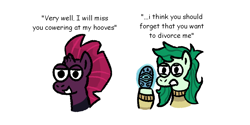 Size: 1300x650 | Tagged: safe, artist:zoeyhorse, derpibooru import, part of a set, fizzlepop berrytwist, tempest shadow, wallflower blush, earth pony, pony, unicorn, g4, broken horn, bust, dialogue, divorce, equestria girls ponified, female, hoof hold, horn, lidded eyes, mare, memory stone, narrowed eyes, ponified, simple background, species swap, white background