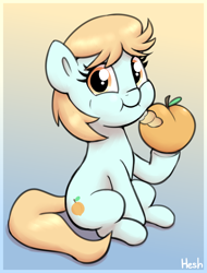 Size: 1614x2127 | Tagged: safe, artist:heretichesh, derpibooru import, peach fuzz, oc, oc only, earth pony, pony, g4, cute, eating, female, filly, foal, food, gradient background, herbivore, hoof hold, looking at you, peach, puffy cheeks, signature, sitting, smiling, smiling at you, solo