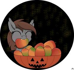 Size: 1772x1670 | Tagged: safe, artist:sane_marbles, derpibooru exclusive, derpibooru import, oc, oc only, bat pony, pony, ^^, bat pony oc, biting, blushing, bowl, clothes, costume, eyes closed, female, filly, foal, food, halloween, happy, holiday, mango, mlp fim's fourteenth anniversary, mouth hold, night, night sky, nightmare night, nightmare night costume, outdoors, signature, sky, smiling, solo, stars, trick or treat, vampire costume, watermark