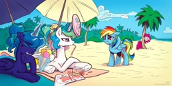 Size: 1920x960 | Tagged: safe, artist:kp-shadowsquirrel, derpibooru import, pinkie pie, princess celestia, princess luna, rainbow dash, alicorn, earth pony, pegasus, pony, beach, beach towel, beach umbrella, book, celestia is not amused, cocktail umbrella, drink, drip, food, frisbee, hooves behind head, i can't believe it's not idw, ice cream, ice cream cone, lemon, outdoors, palm tree, princess luna is amused, spilled drink, this will end in a trip to the moon, tree, unamused