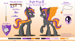 Size: 4500x2500 | Tagged: safe, artist:the_mpc, derpibooru import, oc, oc only, oc:bright wings, bat pony, pony, g4, bat pony oc, color palette, colored wings, concave belly, crossbow, cute, cute little fangs, diamond pupils, ear tufts, eye clipping through hair, eyebrows, eyebrows visible through hair, fangs, female, fit, hoof claws, implied sunset shimmer, jewelry, mare, muscles, necklace, parent:sunset shimmer, pendant, purple eyes, raised hoof, raised leg, reference, reference sheet, slender, solo, spread wings, standing, sunset shimmer's cutie mark, sword, tall, thin, unshorn fetlocks, weapon, wings