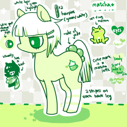 Size: 700x700 | Tagged: safe, artist:matcharoll, derpibooru import, oc, oc only, oc:matcha (matcharoll), oc:meron, earth pony, food pony, frog, original species, pony, 2012, beanbrows, checkered background, clothes, color palette, eyebrows, food, green eyes, hairclip, leg stripes, lidded eyes, no mouth, no nose, ponified, reference sheet, scarf, species swap, striped scarf, stripes, tail beads, white pupils