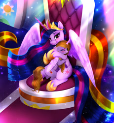 Size: 2173x2354 | Tagged: safe, artist:darksly, derpibooru import, princess twilight 2.0, twilight sparkle, twilight sparkle (alicorn), oc, oc:princess kincade, alicorn, pony, g4, alicorn oc, blushing, commission, crying, duo, duo female, eyes closed, female, high res, horn, hug, indoors, mare, older, older twilight, older twilight sparkle (alicorn), sparkles, sunlight, tears of joy, throne, wings, ych result