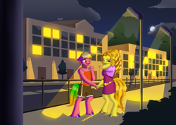 Size: 4961x3508 | Tagged: safe, artist:haruh_ink, derpibooru import, adagio dazzle, oc, oc:peach cobbler, anthro, unguligrade anthro, g4, collar, holding hands, nervous, night, outdoors, street