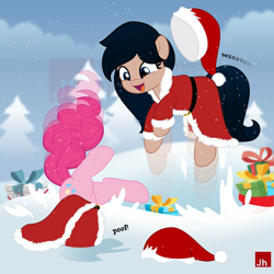 Size: 1000x1000 | Tagged: safe, artist:jhayarr23, derpibooru import, pinkie pie, oc, oc:crescend cinnamon, pony, christmas, hat, holiday, motion blur, outdoors, santa hat, snow, watermark