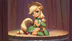 Size: 4416x2496 | Tagged: safe, ai content, derpibooru import, machine learning generated, applejack, earth pony, pony, apple, applejack's hat, boots, clothes, cowboy hat, dress, female, food, green dress, hat, looking at you, mare, prompter:bluetoothworld, scene, shoes, sitting, smiling, smiling at you, solo, tail